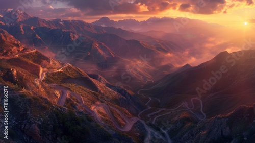 A weathered mountain pass bathed in the golden light of dawn, panoramic vista with winding trails