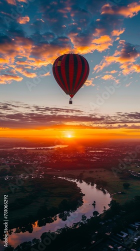 Aerial perspective of a hot air balloon silhouetted against a breathtaking sunset  floating over a scenic landscape
