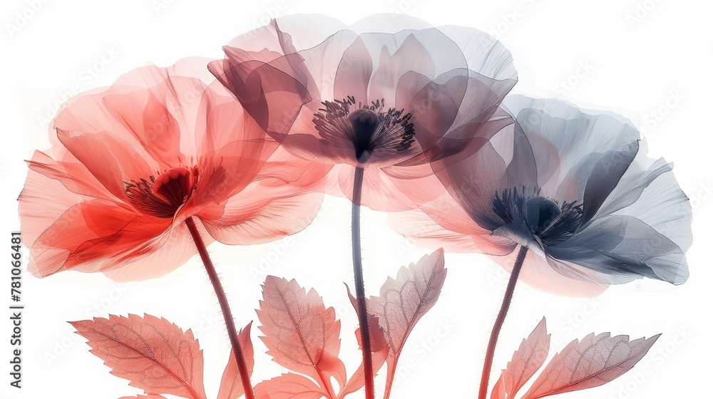   Close-up of three flowers on a white background with a red and blue flower centering the image