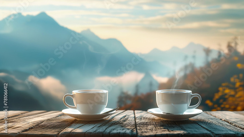 Hot coffee cups on a wooden table with mooring mountain background