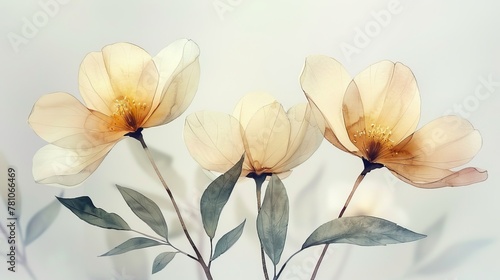  Three yellow flowers with green leaves on a white background and a blurry background of the flowers