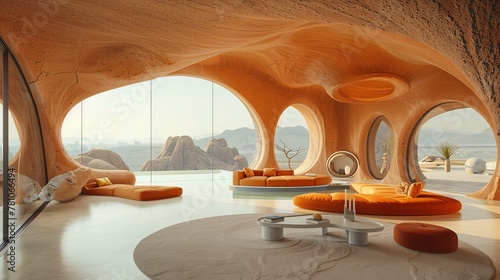 Futuristic Desert Cave Living Room Interior with Panoramic View