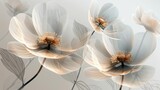   A trio of pure white blossoms against a grayscale backdrop featuring a golden focal point at their core
