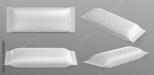 Chocolate bar pack mockup. White candy wrapper. Blank snack package mock up vector. 3d isolated food sachet empty view set. Top and side sweet biscuit product wrap realistic design icon template