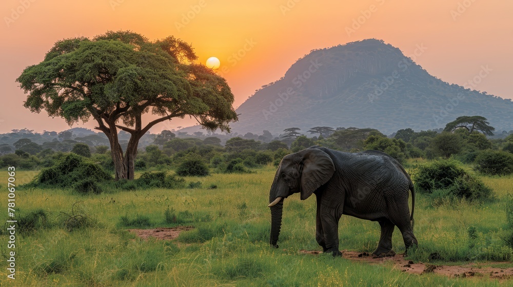   An elephant stands in a grassy field, with a tree in the foreground and a mountain range behind it