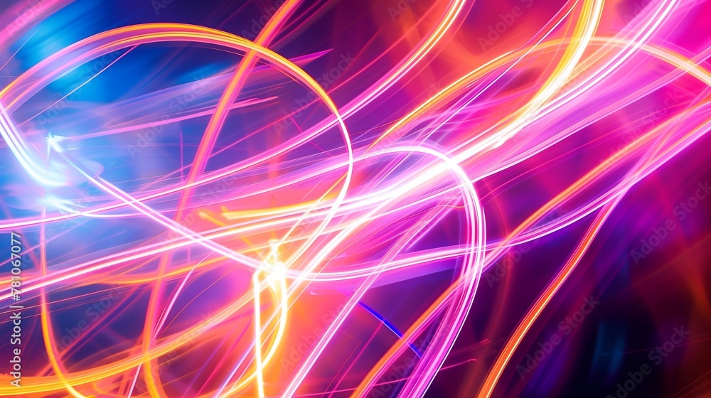 Abstract pattern of neon light streaks with lens flare effect against a black background Abstract pattern of neon light streaks with lens flare effect against a black background