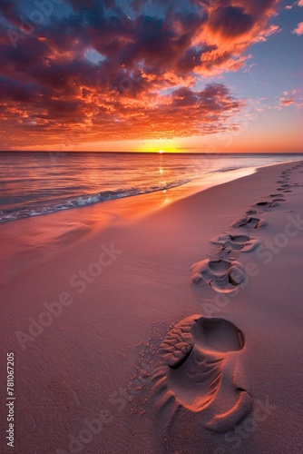 Footprints disappearing into the pristine sand, leading towards a horizon ablaze with a fiery sunset