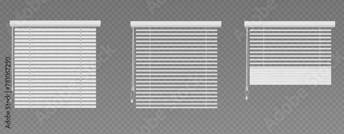Venetian window curtain. Blind jalousie shutter isolated. White roller 3d mockup for home interior. Closed and open office plastic louver design set. Detail frame for sunshade with strings collection. © klyaksun