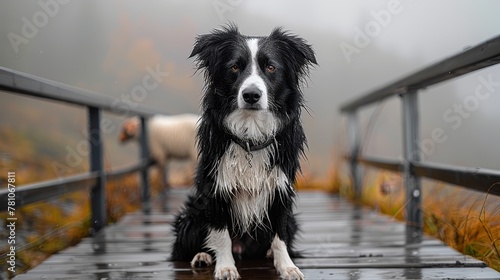 A black-and-white dog sits on a rain-soaked bridge against a background of grazing sheep