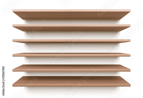 Empty wood wall shelf for book isolated vector. 3d wooden bookshelf for library. Product rack or table realistic design with texture. Exhibition plank with shadow for market display stand angle set.