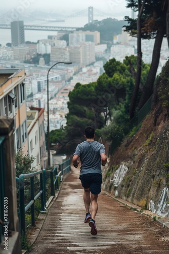 Runner conquers a steep urban staircase, cityscape stretching out in a panoramic view from the top