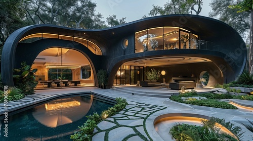 Modern Luxury Home with Curved Architecture and Reflective Pool at Dusk photo