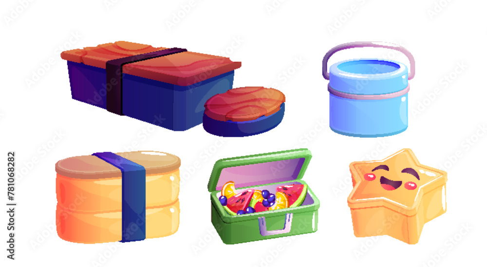 Fototapeta premium Close and open lunchbox for school or office dinner. Cartoon vector illustration set of plastic different shape box for food for lunch break. Childish eco bento package. Container for meal.
