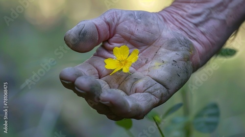 A close-up of a weathered hand gently cupping a wildflower, revealing the fragility and preciousness of nature