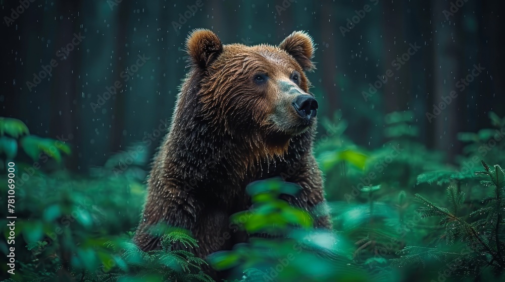 Fototapeta premium A brown bear, wet from rain, stands in a forest - raindrops cascade down its face and head