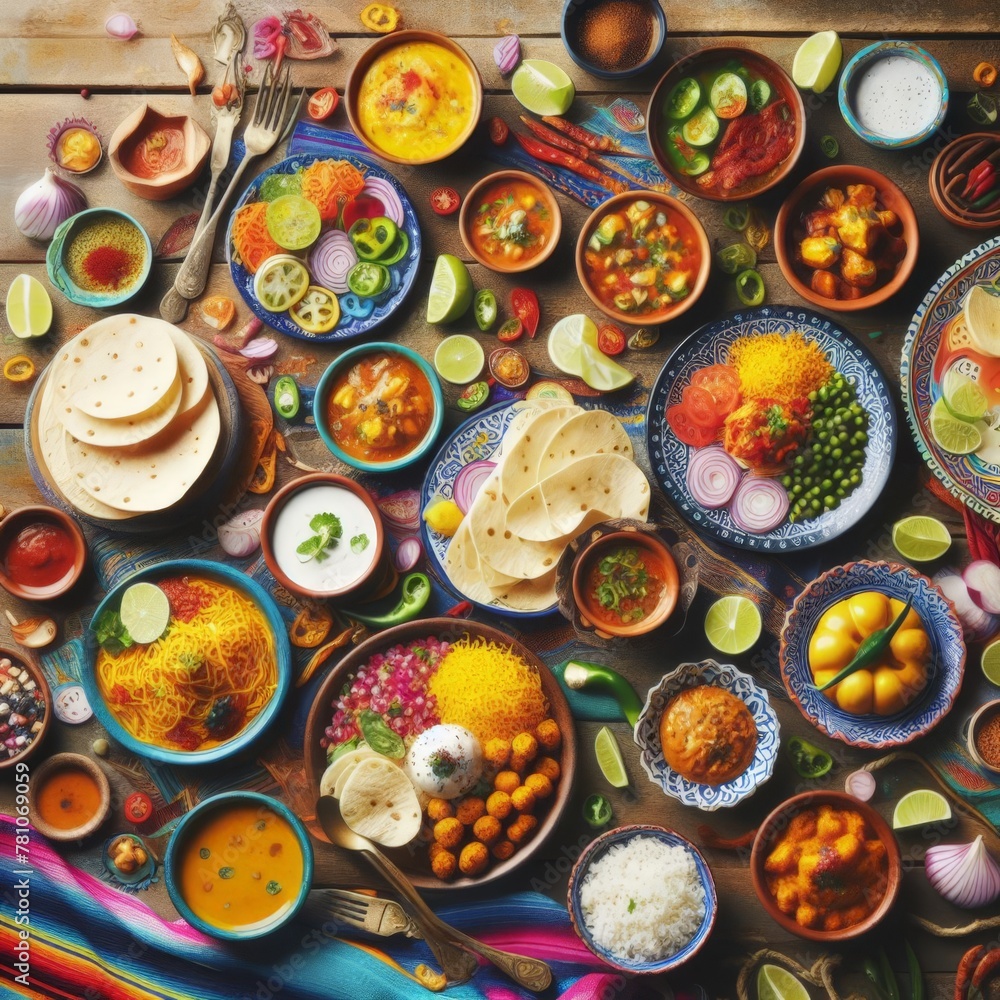 Top down aerial view of several Indian dishes served on wooden surface
