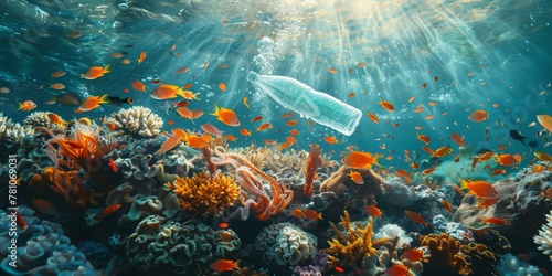 A Stark Contrast of Plastic Bottle Pollution Amidst the Vibrant Life of Coral Reefs, Generative AI © Ben