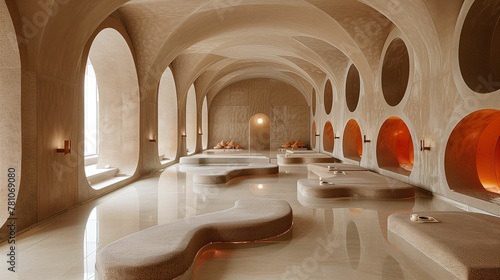 Modern Luxury Spa Interior with Arched Design and Warm Lighting