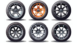 Flat vector set of car disks and tires. Alloy wheel