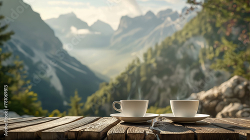 Coffee cups on the wooden table with mountain background