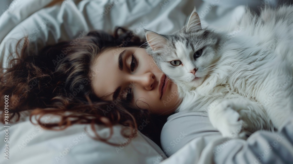 Woman reclining in bed with cat on lap Woman reclining in bed with cat on lap