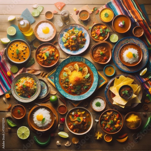 Top down aerial view of several Indian dishes served on wooden surface
