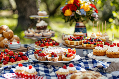 4th of July picnic spread with pastries and fruit, outdoors in a sunny park setting © Slepitssskaya