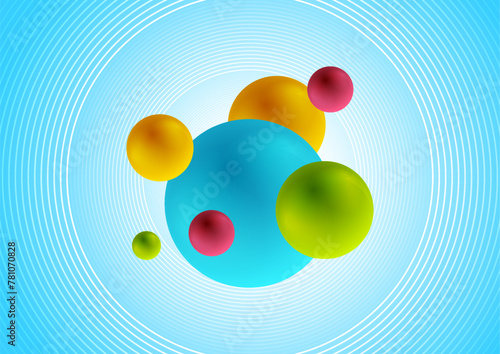 Blue minimal linear circles and colorful spheres abstract background. Geometric vector design