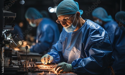 Surgeon in Surgical Suit Working on Metal Piece