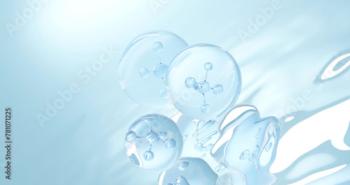 Molecule inside Liquid Bubble on water background. skin care cosmetics solution