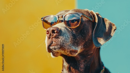 Playful Dog with Glasses on Solid Color Background © FU