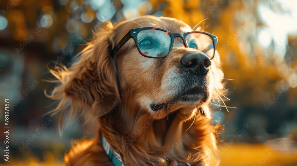 Playful Dog with Glasses on Solid Color Background