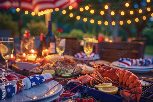 Gourmet seafood dinner by candlelight with a festive 4th of July theme