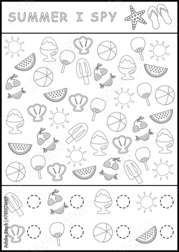 Summer printable worksheet in black and white. I spy game page for children. Searching and counting activity with drawing symbols. Summer simple spotting coloring page
