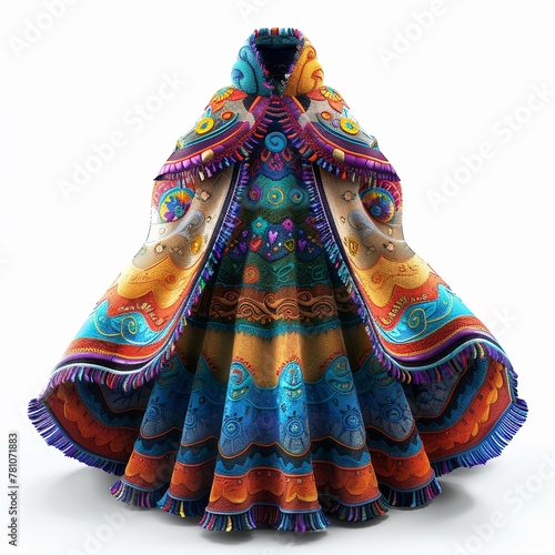 Create a whimsical interpretation of a poncho or cape with vibrant colors and intricate patterns ,3d render on isolate white background