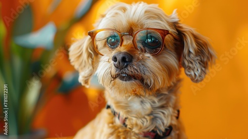 Playful Dog with Glasses on Solid Color Background