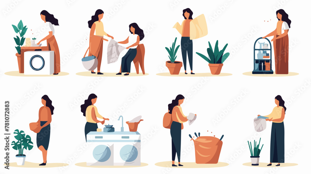 Flat vector set of laundry icons. Baskets with dirt