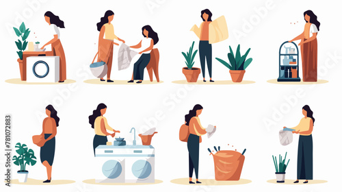 Flat vector set of laundry icons. Baskets with dirt