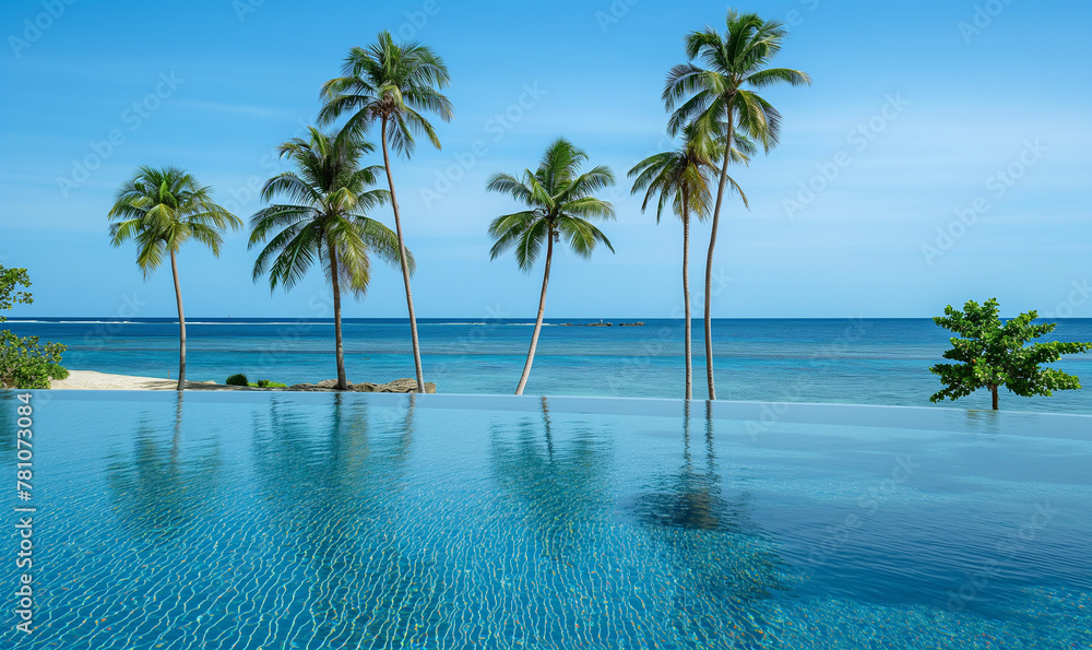 A serene tropical island with palm trees, clear blue water and an infinity pool