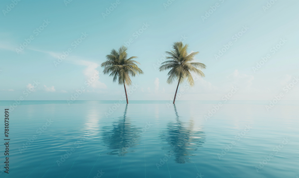 A serene tropical island with palm trees, clear blue water and an infinity pool