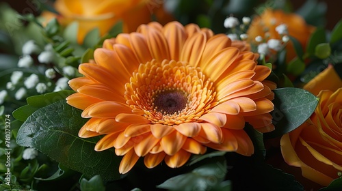  orange and yellow blooms at its heart, encircled by verdant green leaves below