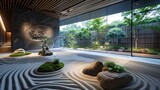 Zen Garden with Sand Patterns, Bonsai Tree, and Nature View