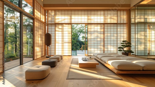 Modern Japanese Living Room with Shoji Screens and Nature View
