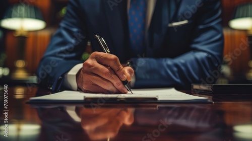 A close-up shot of a businessman's hand signing a contract with a confident smile.