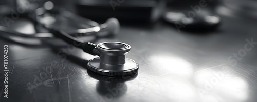The stethoscope lies on the table, close-up. Concept template for advertising medical centers, heart checks, promotions in hospitals with space for text. photo