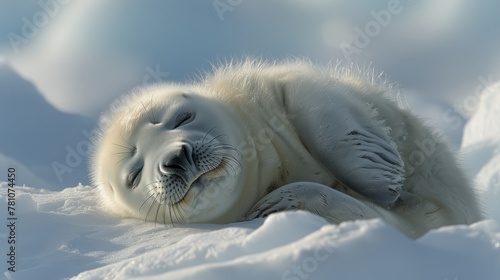   A seal in close-up, resting in the snow with its head backward and closed eyes