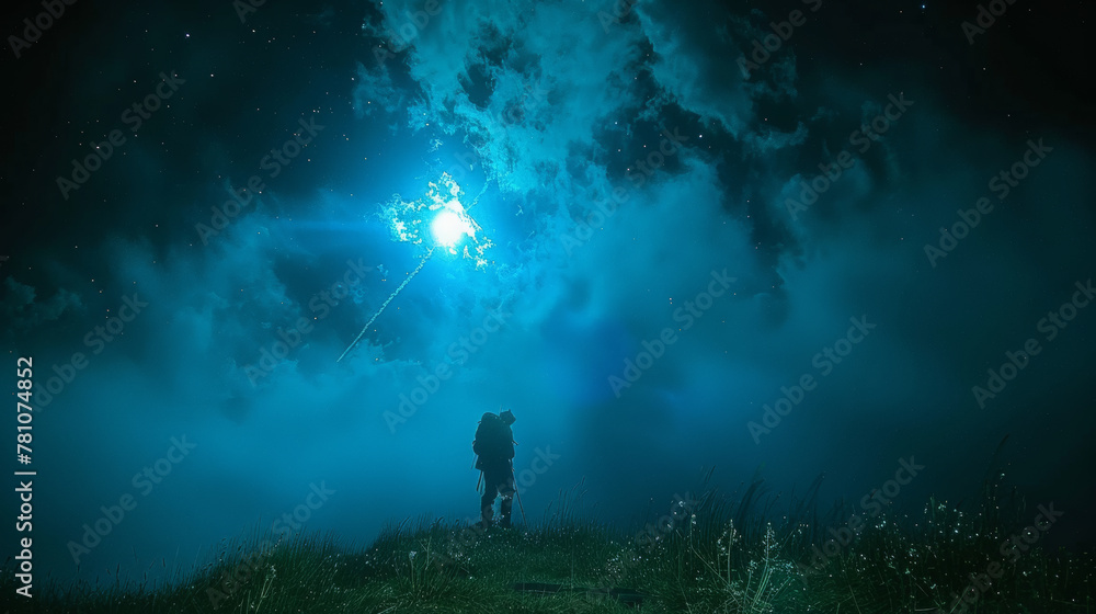 A man and woman are standing on a hill, looking up at the sky. The sky is filled with stars and a bright blue moon. Scene is peaceful and romantic