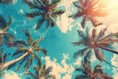 A Tranquil Gaze Upwards at Palm Trees Soaring Against a Perfectly Clear Blue Sky  Invoking Tropical Serenity  Generative AI