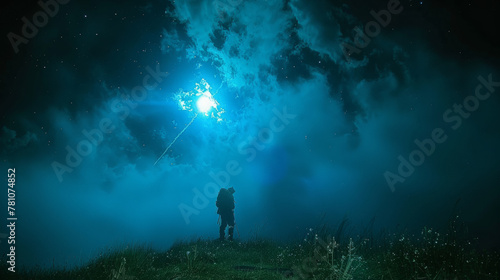 A man and woman are standing on a hill, looking up at the sky. The sky is filled with stars and a bright blue moon. Scene is peaceful and romantic