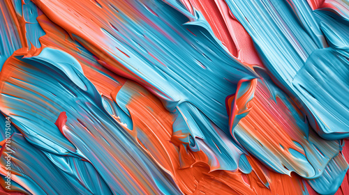 Abstract composition featuring swaths of blue and orange acrylic paint swirling together, creating a flowing and dynamic texture photo